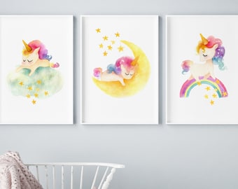 Unicorn Print set of 3, sleeping unicorn, Unicorn Printable, Unicorn Print Girls Room, Unicorn Prints Girls Bedroom, Nursery Wall Art, Decor