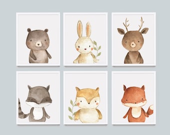 Láminas de animales bebés para guardería: Arte de acuarela del bosque (descarga digital), juego de 6 imprimibles