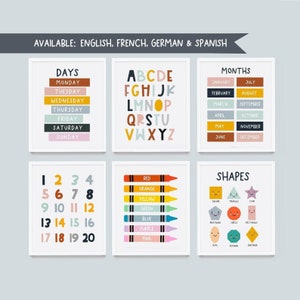 Kids Wall Art, Children's Wall Art, Nursery Set of 6 Prints, Educational Wall Art, Alphabet, Numbers, Colours, Shapes , Classroom print