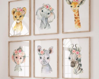 Safari Animals Nursery Print Set: Watercolor Baby Art (Digital Download)