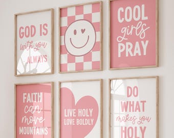 Pink Christian Girls Room Decor: Bible Verse Art Prints (Set of 6) (Digital Download)