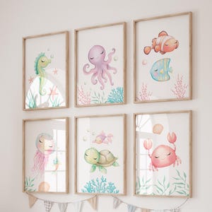 Arte de pared para habitación infantil con temática oceánica para niñas, juego de 6 impresiones de animales marinos, colores pastel, decoración para habitación de bebé bajo el mar, arte de pared infantil con temática oceánica pastel.