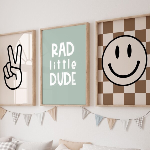 Rad Little Dude SMILEY Gallery Wall Set of 3 Downloadable Prints, RETRO Boy Nursery Decor, Quote Play Wall Art, Printable nursery, toddler