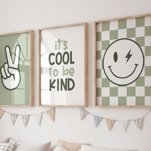 t's Cool To Be Kind Smiley Gallery Set, Downloadable Print, Kids Room, green sage Play Room Decor, Quote Kids Wall Art, Printable boys, APF