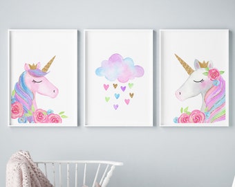 Set of 3 Unicorn Wall Art Printables, gold Girls Room Wall Art Decor, Instant Download Wall Art, Unicorn, Gold, Pink, Unicorn Wall Decor