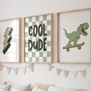Dinosaur Prints for Boys Room, Dinosaur skateboard Wall Art, Dinosaur Decor, Set of 3 Printables, Toddler Room Decor, Toddler Wall Art, Dino