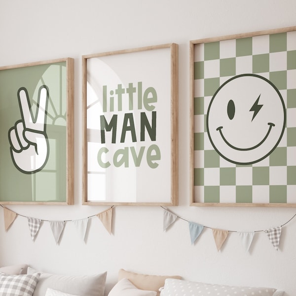 Little man cave prints, boys wall art, Neutral Nursery, Checkered Smiley Poster, Baby Boys Kids Room Decor, Toddler Poster,  sage green art