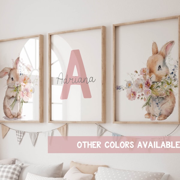 Bunny Nursery Wall Art Set of 3 Prints | Bunny Nursery Decor | Watercolor Bunny Nursery Prints, girls wall print, baby girl wall art, floral