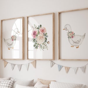 Goose nursery prints, set of 3, girls wall art, Silly Goose Wall Art, Cute Goose Poster, Farm Animal Printable, Kid's Room Illustration art