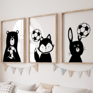 Sports Nursery Decor, woodland animals  Nursery Sports, monochrome Sports Nursery Decor, Boy Decor Sports, soccer Bedroom Decor, Sports Art
