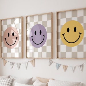 Mädchen Wandkunst, Smiley Druck, süße Wandkunst, Mädchen Kinderzimmer Kunst, 3er Set Drucke, Mädchen Raum Dekor, Groovy Kinderzimmer, Kleinkind Mädchen Kunst