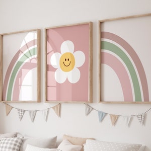 Girls Room art, wall art rainbow, retro nursery, Rainbow smiley prints, Set of 3 Prints, Little Girl&#39;s room, Girl Nursery Decor,downloadable