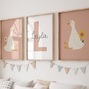 Alberne Gans Wandbild, BENUTZERDEFINIERTE Gans Poster, Mädchen, Kinderzimmer Dekor, Bauernhof Tier druckbar, Gänse und Blumen, Gans Druck, Kinderzimmer Druck