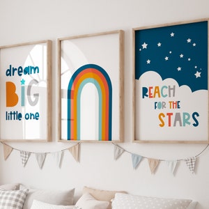 Dream Big, BOYS wall art, reach for the stars, Blue Nursery prints, boys Nursery decor, playroom poster, rainbow Wall Art,Set of 3 prints