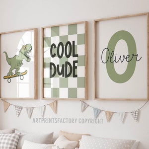 Dinosaur Boy Print Set, Custom Name kids Wall Art, Dinosaur Wall Art, Dinosaur Decor, Toddler Boy Print, Personalized Dinosaur Prints, retro