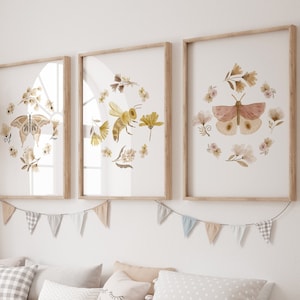 Boho girls wall art, Set of 3 Wildflowers butterfly Art Prints, Minimalist Wall Art, Bloom Bouquet, Nursery Decor, Play Room, girl Room Idea