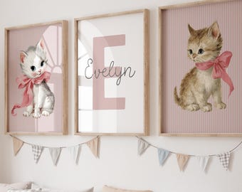 Whimsical Vintage Cat Art Print: Cottagecore Nursery Decor (Digital Download, 16x20 & A3 JPGs)