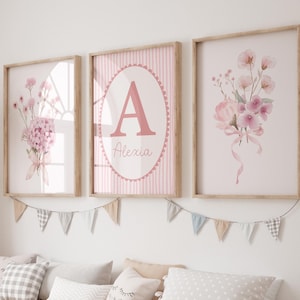 Coquette pink bow girl print, Set of 3, custom name print, Personalized Pink Bow Art, Baby Pink Bow Prints, Wall Art with Name, Coquette