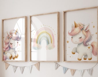 Unicorn Room Decor, Unicorn Art for Girls , golden colors, Room Decor, Girl Bedroom Decor,Unicorn Rainbow Wall Art Girls, Set of 3 printable