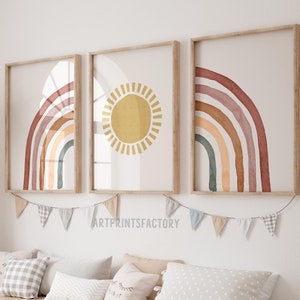Nursery prints set of 3, boho nursery art, sun and rainbow nursery, rainbow print, boho rainbow decor, neutral nursery, printable wall art