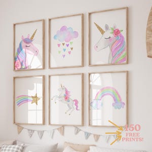 Set of 6 Unicorn wall art set, Printable unicorn art, Girls room decor, Unicorn gold glitter, Unicorn prints, Pink blush,cloud rainbow,gold