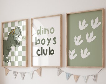 Retro Check Dinosaur Trex Downloadable Print, Modern Nursery Decor, Minimalist prints, Dino boys club, Neutral Play Room, Kids Wall Art, JPG