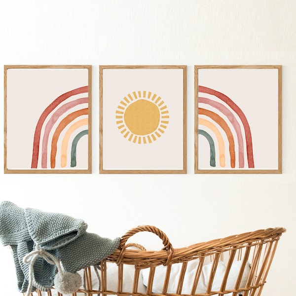 Nursery print set of 3, boho nursery art, sun and rainbow nursery, rainbow print, boho rainbow decor, neutral nursery, printable wall art