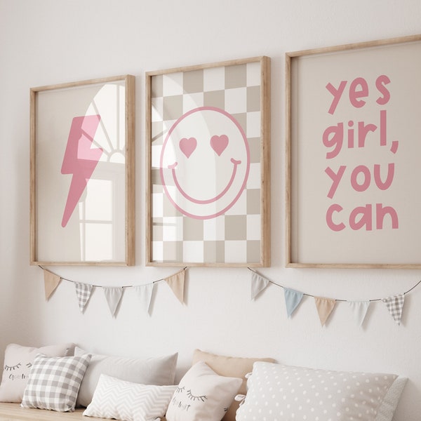Toddler girl wall art,Smiley Face Print, girl Wall Art, Girls Nursery Wall Art, Set of 3 Prints, yes you can, Girls Room Decor,Nursery Print