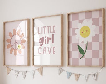 Little girl cave, girls wall art, Set of girls room or nursery pastel prints,Gallery wall prints, modern girls room, checkered, daisy, peace