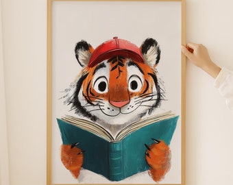 Reading Tiger Art Print, Playroom Classroom Decor (Digital Download) book lovers poster
