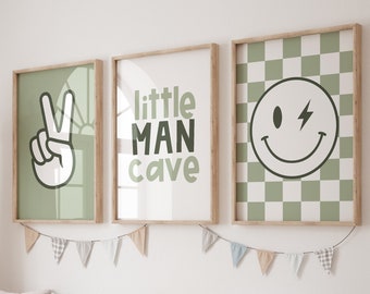 Impresiones de cuevas para hombres pequeños, arte de pared para niños, guardería neutra, póster de emoticonos a cuadros, decoración de habitación de bebés varones, póster para niños pequeños, arte verde salvia
