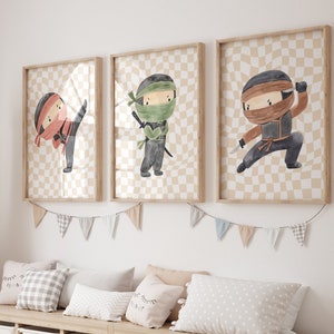 Ninja Kids Wall Art, Conjunto de 3 impresiones, Decoración de la pared de la habitación de los niños, Arte digital, Impresiones de dormitorio, Imprimibles de sala de juegos, impresión de pared de karate, impresiones de niños,