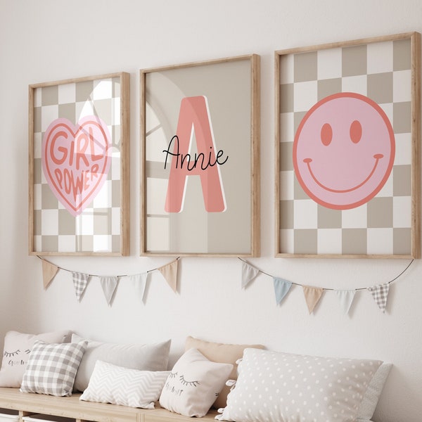 Personalized Name Print for girl Room, girls power, Wall art Set of 3, modern Girl Nursery, Teenager Print, checkered print, smiley art