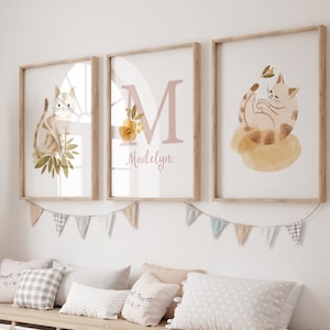 Impresión de nombre personalizada, acuarela de gato, Terra Colors, juego de 3 impresiones de arte de pared para guardería de niña, impresión de gatitos, regalo para amantes de los gatos