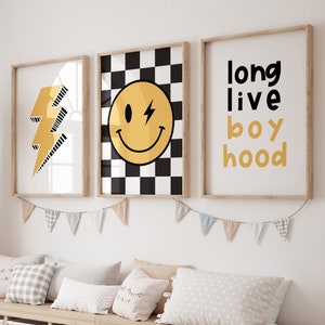 Boys wall print, Retro Print Set, Boys Room Decor, Lightening Bolt Print, Long Live Boyhood, Boys Wall Art, monochrome, Printable Art, kids