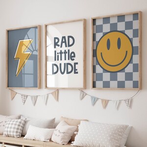 Rad Little Dude Smiley Lightning Gallery Wall Set of 3 boys Prints, blue prints,Boy Nursery Decor, Kids Room, Play Wall Art, Printable kids