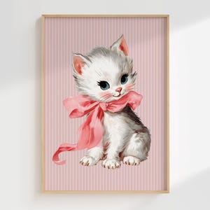 Habitación de niña pequeña, imprimible de gato, guardería de cabaña, impresión de gato, arte de pared de gato blanco, impresión de sala de juegos de niña, decoración de habitación coqueta, arte caprichoso de gato