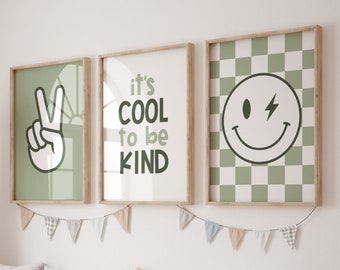 t's Cool To Be Kind Smiley Galerie Set, herunterladbarer Druck, Kinderzimmer, grüner Salbei Spielzimmer Dekor, Zitat Kinder Wandkunst, druckbare Jungen, APF