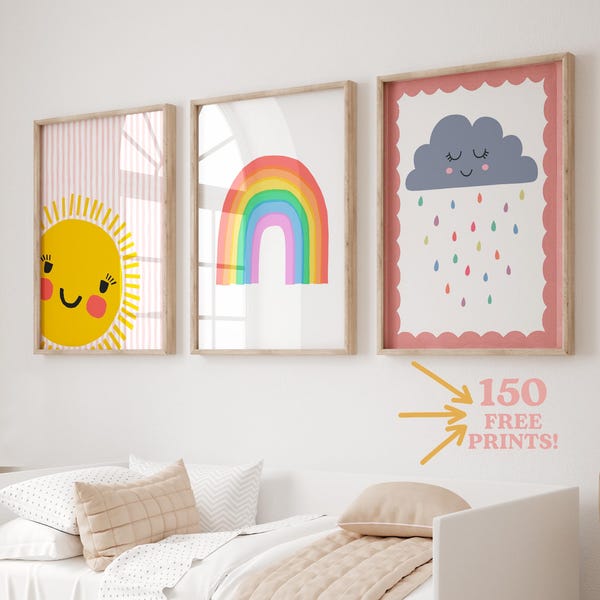 Colorful Rainbow Nursery Prints: Cloud, rainbow and Sun Decor (Digital Download) printable girls poster