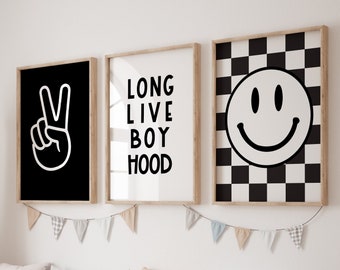 Long Live Boyhood, Boys Wall Art, monochrome, Checkered print, Smiley Poster, Baby Boys Kids Room Decor, Toddler Poster, Boy Room Decor