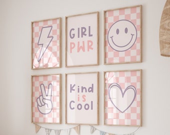Smiley Face Art, Kind Is Cool, Girls wall art,Set Of 6 Prints, Lightning Bolt, Checker Poster, Retro Wall Art, Kids Wall Art,Trendy Art pink