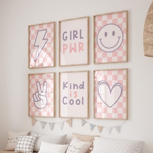 Smiley Face Art, Kind Is Cool, Girls wall art,Set Of 6 Prints, Lightning Bolt, Checker Poster, Retro Wall Art, Kids Wall Art,Trendy Art pink