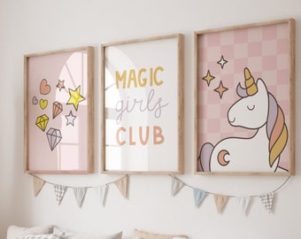 Magic girls club, girls wall art Print, unicorn nursery, checkered Girl prints,  modern Girl Room, Quote girls Wall Art, gift for girls,