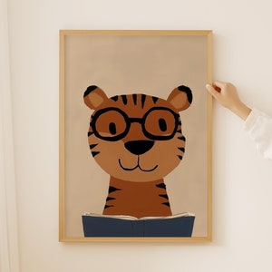 Kids Reading Poster, Retro Toddler Wall Art, modern tiger Print, Playroom Classroom Decor, Cute Animal Illustration, boys wall print, read