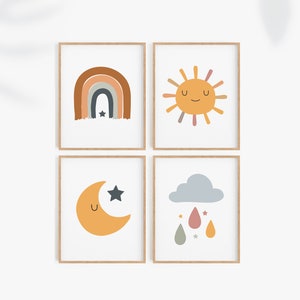 Baby Poster Set, Set von 4 Stück, Poster zum Ausdrucken Regenbogen, Sonne Prints, Regenbogen Prints, druckbare Kunst fürs Kinderzimmer, erdige Prints