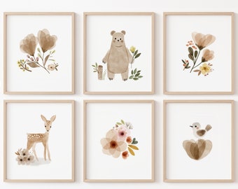 Set of 6, Baby girl Nursery Prints, woodland Nursery Decor, Boho Nursery Decor, Girls gallery wall, bear Nursery Prints, earth nursery art