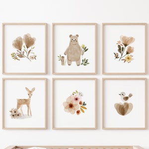 Conjunto de 6, impressões de berçário de menina, decoração de berçário de floresta, decoração de berçário boho, parede de galeria de meninas, impressões de berçário de urso, arte de berçário de terra