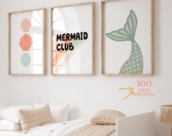 Mermaid Nursery Decor: Girl Room Wall Art Prints, Set of 3 (Digital Download)