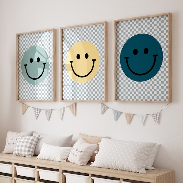 Smiley face Gallery Wall Set of 3 Downloadable Prints, Boy Room Decor, Kids Room, Quote Play Wall Art, Printable boys art, nursery prints
