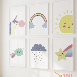 Rainbow Unicorn Nursery Prints: Sunshine, Stars, Girls Room Decor (Digital Download Set of 6, baby wall art, pastel colors